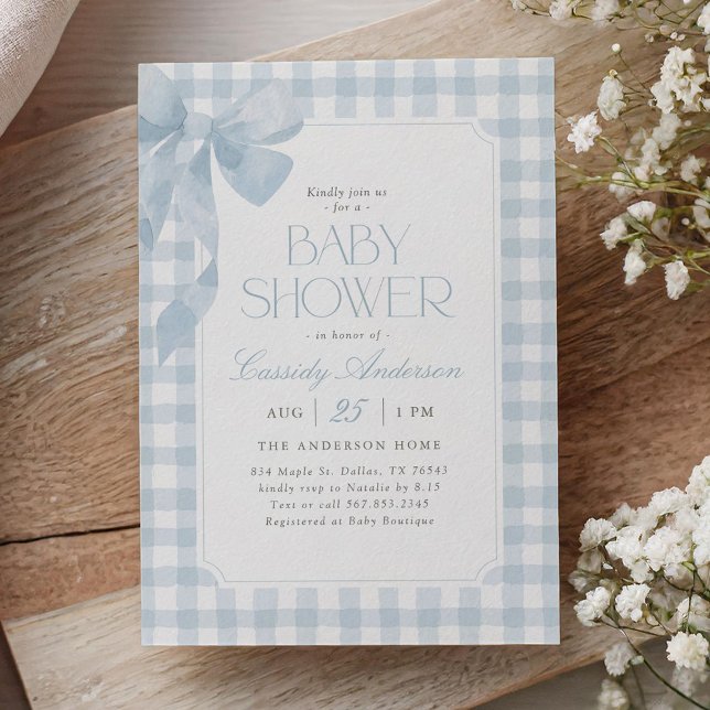 Invitación Ducha de bebé niño con lazo gingham azul (Subido por el creador)