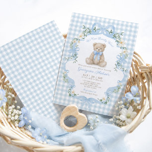 Invitación Ducha de bebé niño con osito de gingham azul
