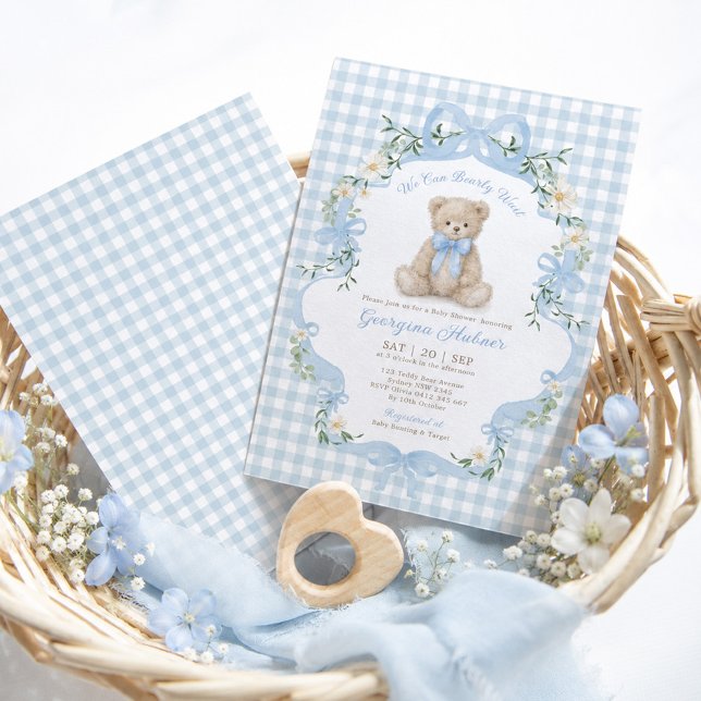 Invitación Ducha de bebé niño con osito de gingham azul (Subido por el creador)