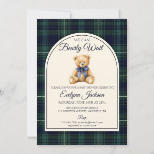 Invitación Ducha de bebé niño con osito de lazo azul a cuadro