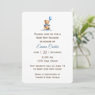 Invitación Ducha de bebé niño con oso de peluche y globo