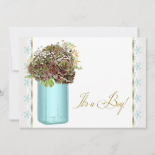 Invitación Ducha de bebé niño con tarro de Mason y Hortensias