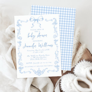 Invitación Ducha de bebé niño con toile de cuadros gingham vi