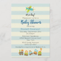 Ducha de bebé niño con tren de juguete y avión de 