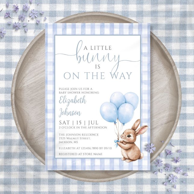 Invitación Ducha de bebe niño conejito azul globos (Little Bunny Blue Balloons Boy Baby Shower Invitation)