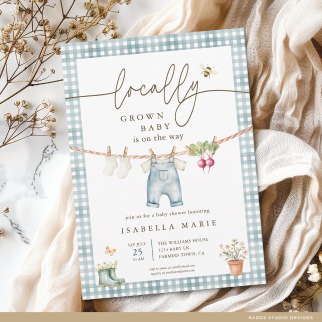 Invitación Ducha de Bebé Niño Cultivado Localmente (The front of the baby shower invite is shown at 5x7-inch size. Choose paper, + corner style.)