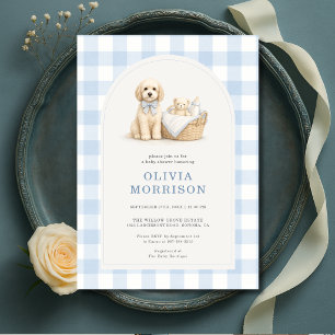 Invitación Ducha de bebé niño de gingham azul perrito