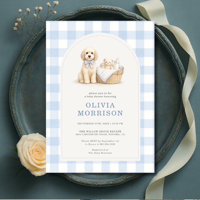 Invitación Ducha de bebé niño de gingham azul perrito (Subido por el creador)