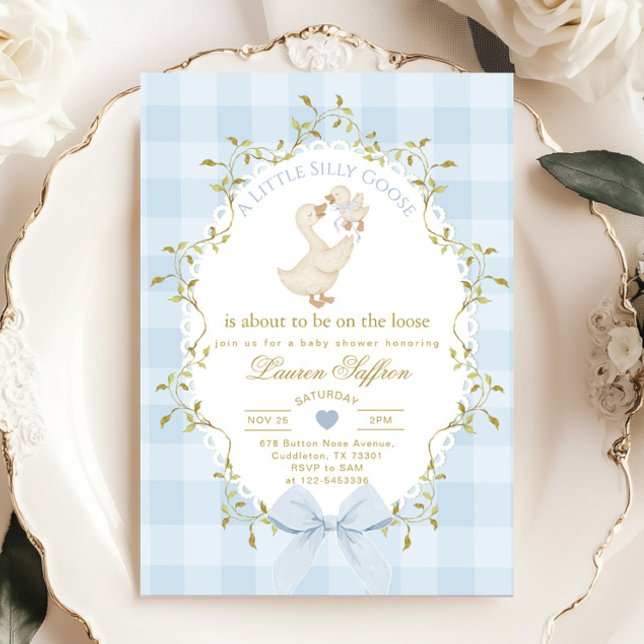 Invitación Ducha de bebé niño de gingham azul Silly Goose (Subido por el creador)