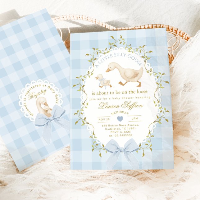 Invitación Ducha de bebé niño de gingham azul Silly Goose (Subido por el creador)