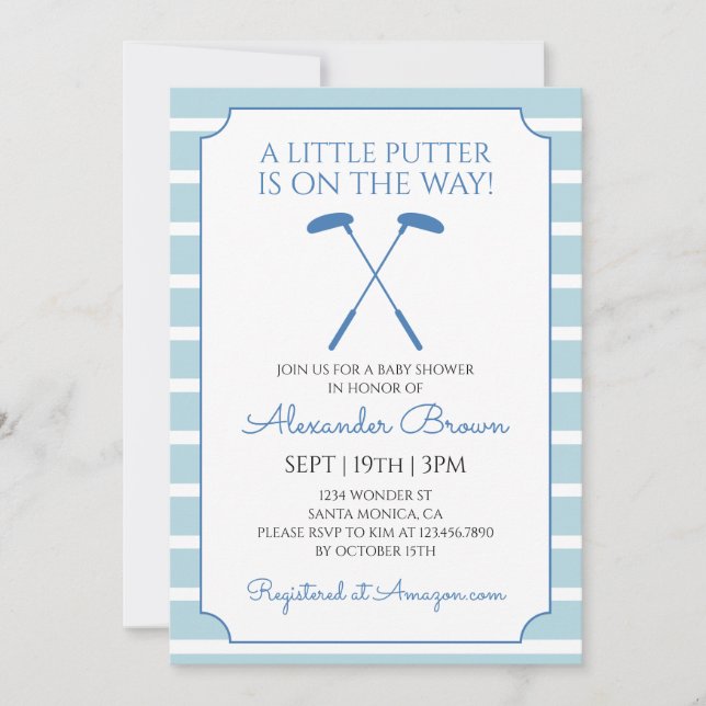 Invitación Ducha de bebé niño de Golf con Rayas Azules (Anverso)