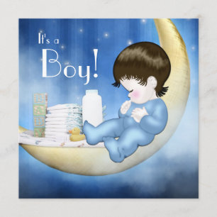 Invitación Ducha de bebé niño de luna azul y amarilla