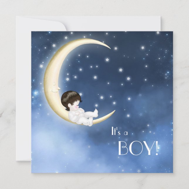 Invitación Ducha de bebé niño de luna azul y amarilla (Anverso)
