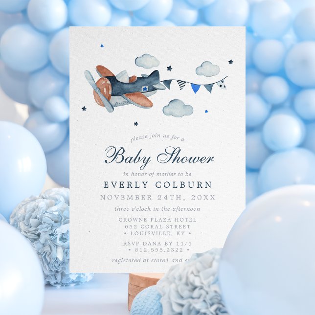 Invitación Ducha de bebé niño de nubes y aviones antiguos (Subido por el creador)