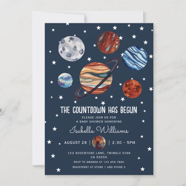Invitación Ducha de bebé niño de planetas del espacio exterio (Anverso)