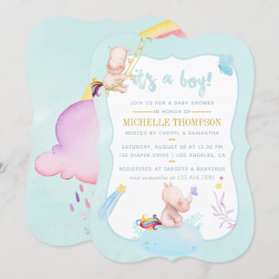 Invitación Ducha de bebé niño de rinoceronte unicornio acuare