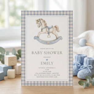 Invitación Ducha de bebé niño de tela a cuadros azul con caba