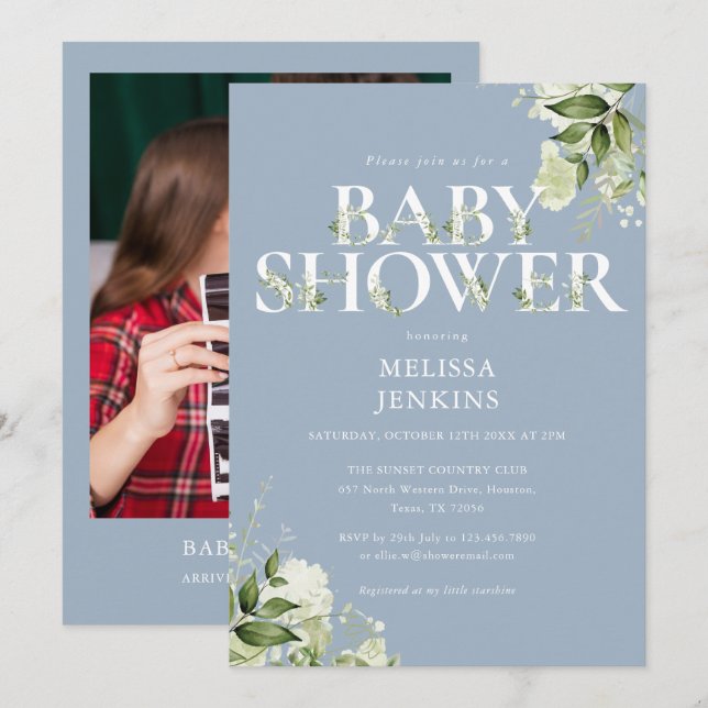 Invitación Ducha de bebé niño Dusty Blue Greenery Foliage Fot (Anverso / Reverso)