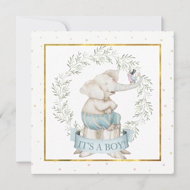 Invitación Ducha de bebé niño elefante (Anverso)