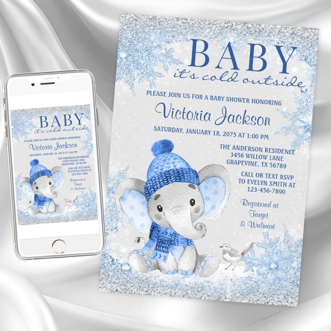 Invitación Ducha de Bebé Niño Elefante Bebé Hace Frío Afuera (Baby its cold outside baby shower invitations. Instant download and printed invitations available.)
