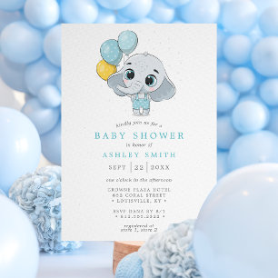 Invitación Ducha de bebé niño elefante cute acuarela