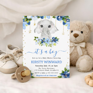 Invitación Ducha de Bebé Niño Elefante Floral Acuarela