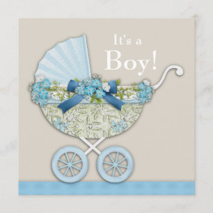 Invitación Ducha de bebé niño en beige azul carruaje