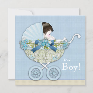 Invitación Ducha de bebé niño en beige y azul bebé Carruaje