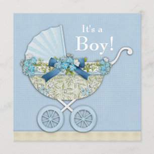 Invitación Ducha de bebé niño en beige y azul bebé Carruaje