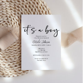 Invitación Ducha de Bebé Niño Escritura Simple Moderna Negra