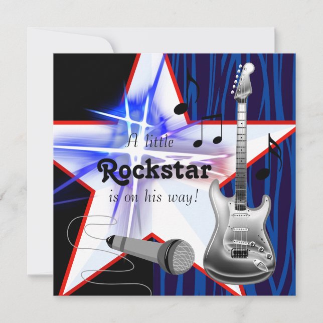 Invitación Ducha de bebé niño estrella de rock cebra azul roj (Anverso)