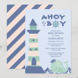 Invitación Ducha de bebé niño Faro de ballena verde azul Ahoy