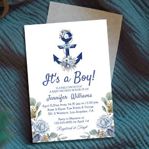Invitación Ducha de bebé niño floral ancla azul polvoriento n