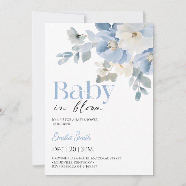 Invitación Ducha de bebé niño floral azul (Anverso)