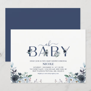 Invitación Ducha de bebé niño floral boho azul marino
