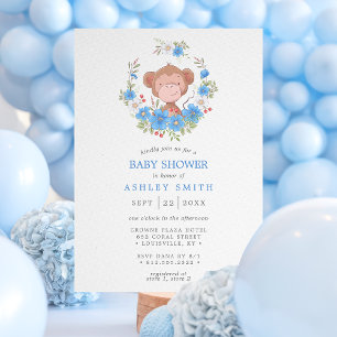 Invitación Ducha de Bebé Niño Floral Mono Azul