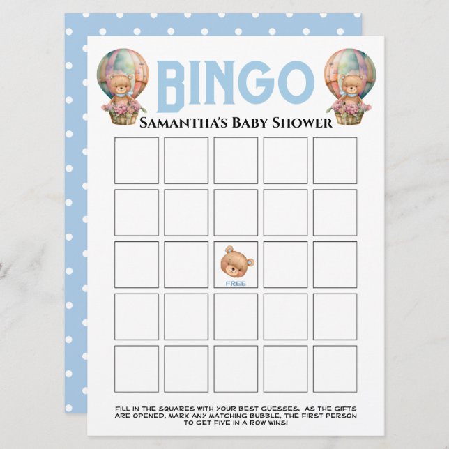 Invitación Ducha de bebe niño Globo de Teddi Azul Bingo (Anverso / Reverso)
