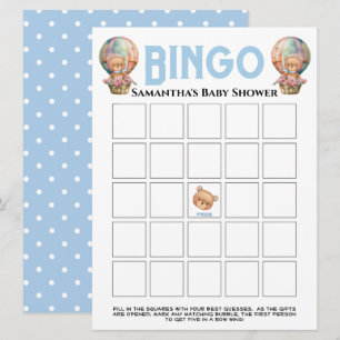 Invitación Ducha de bebe niño Globo de Teddi Azul Bingo
