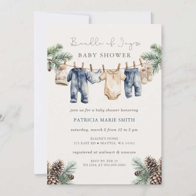 Invitación Ducha de bebé niño invierno Haz de Alegría (Anverso)