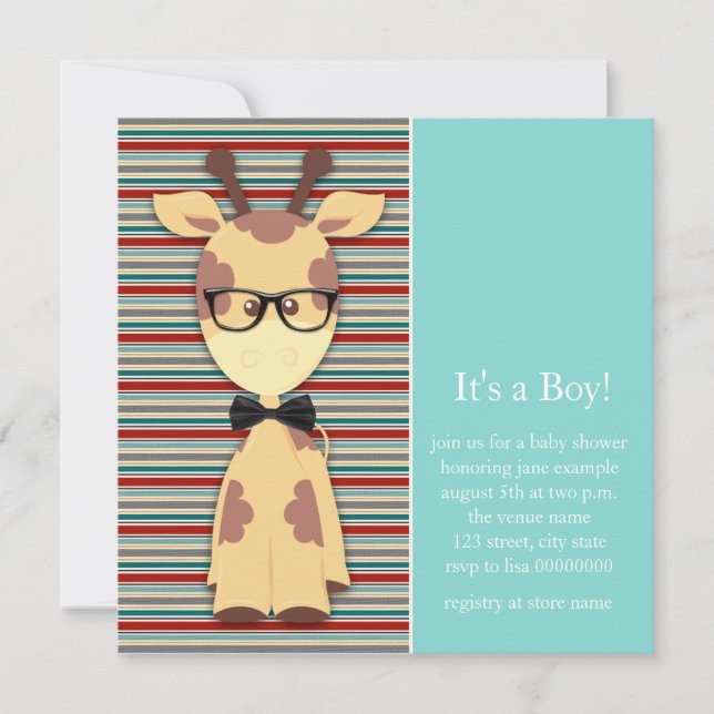Invitación Ducha de bebé niño jirafa geek (Anverso)