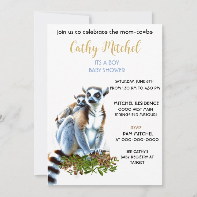 Invitación Ducha de bebé niño Lemurs (Anverso)