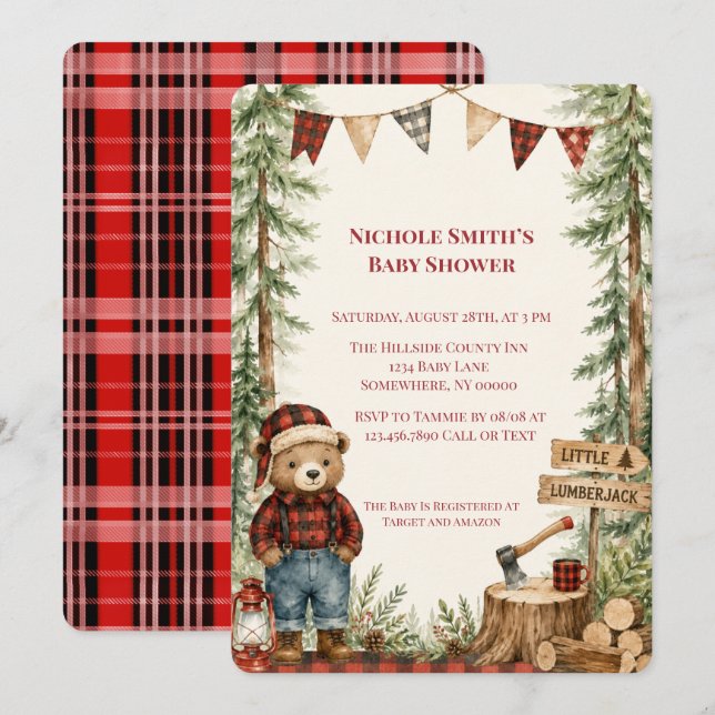 Invitación Ducha de Bebé Niño Leñadorcito (Anverso / Reverso)