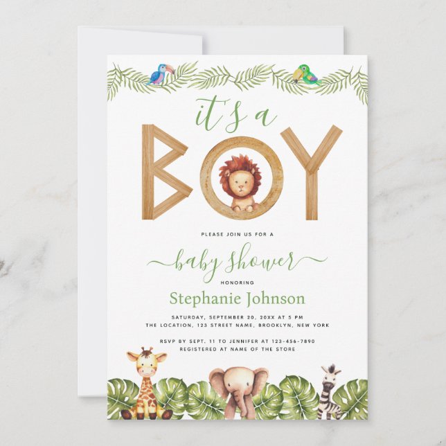 Invitación Ducha de Bebé Niño León Safari Animales Selva Hoja (Anverso)