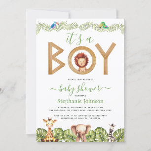 Invitación Ducha de Bebé Niño León Safari Animales Selva Hoja