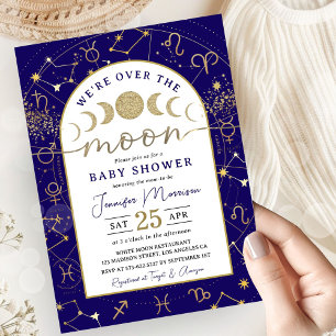Invitación Ducha de Bebé Niño Luna Azul Marino y Dorado
