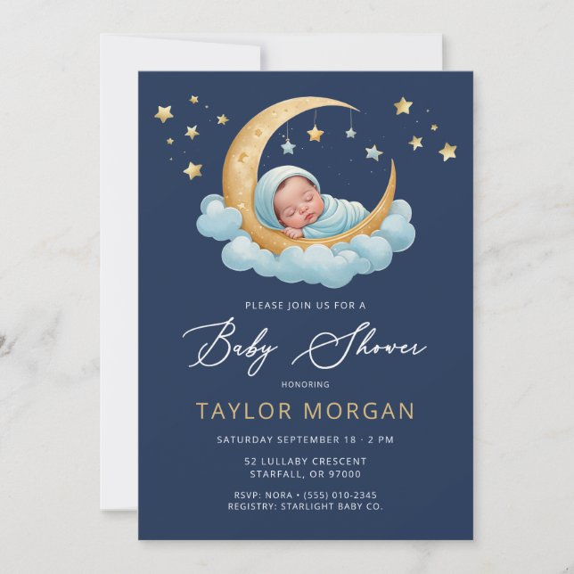 Invitación Ducha de bebé niño Luna y Estrellas Celestiales Na (Anverso)