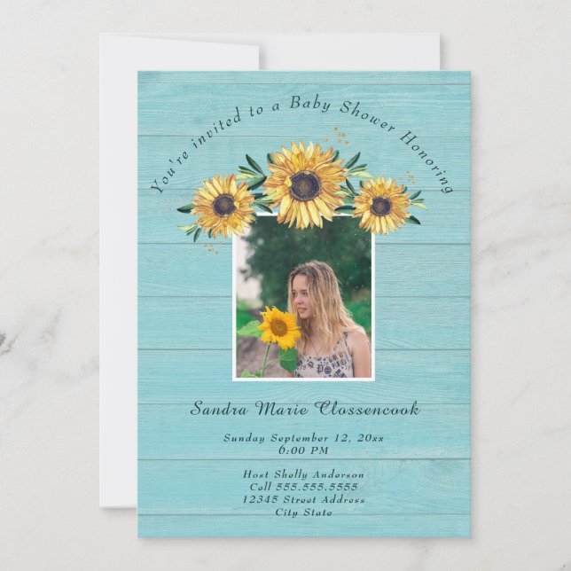 Invitación Ducha de bebé niño madera azul girasol rústico (Anverso)