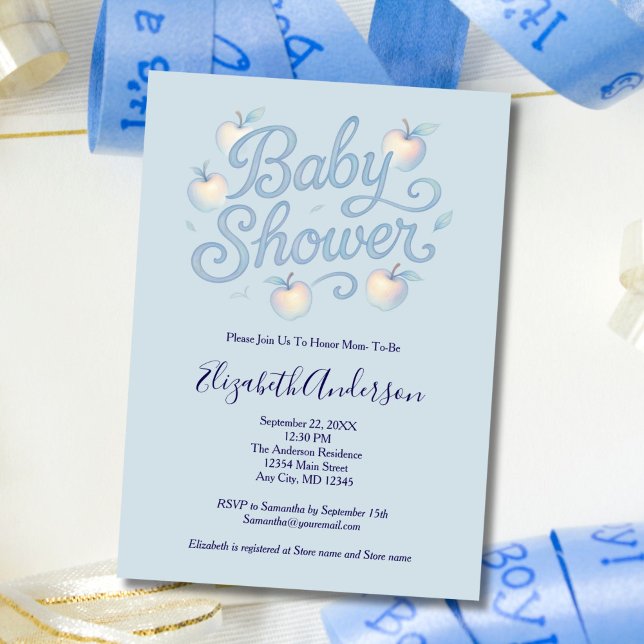 Invitación Ducha de bebé niño Manzanas Azules (Blue Baby Boy Apple theme Baby Shower Invitation. Printed or Digital Download)