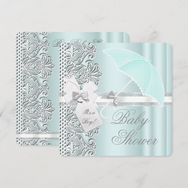 Invitación Ducha de Bebe Niño Menta Azul Gris Blanco Encaje (Anverso / Reverso)