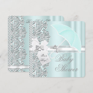 Invitación Ducha de Bebe Niño Menta Azul Gris Blanco Encaje